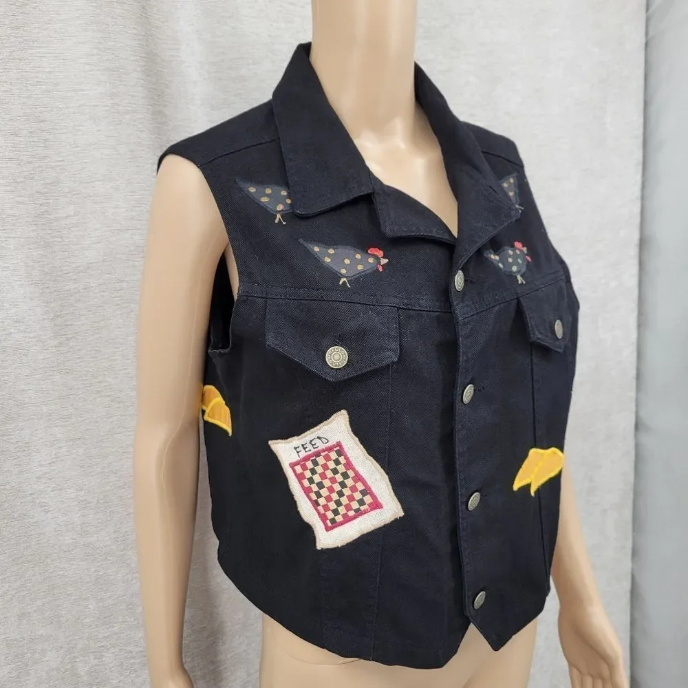 Vintage 80s Black Denim Vest with Embroidered Patches Chickens Farmcore - Picture 5 of 16